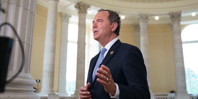 House Intelligence Committee Chairman Adam Schiff does a TV interview at the Capitol on July 26, 2021.