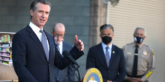 California Governor Gavin Newsom speaks at a news conference on Friday, December 17, 2021 in Dublin, California.