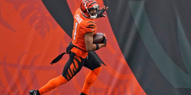 Cincinnati Bengals wide receiver Ja'Marr Chase celebrates after scoring a touchdown during the second half of an NFL football game against the Kansas City Chiefs, Sunday, Jan. 2, 2022, in Cincinnati.