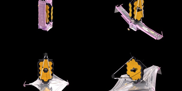FILE - This combination of images from a computer animation made available by NASA in December 2021 depicts the unfolding of the components of the James Webb Space Telescope. Webb is so big that it had to be folded origami-style to fit into the nose cone of the Ariane rocket. (NASA/Goddard Space Flight Center Conceptual Image Lab via AP)