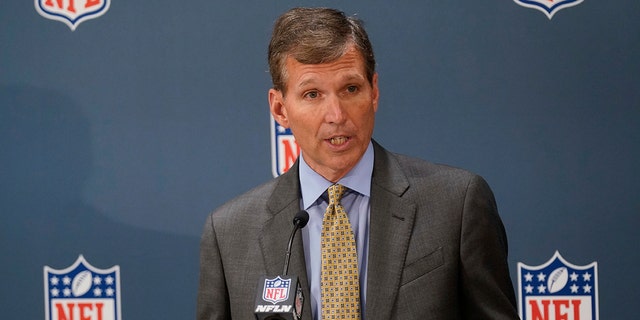 Allen Sills, NFL Chief Medical Officer, speaks to reporters at the NFL Football Owners Meeting in New York City, Oct. 26, 2021. 
