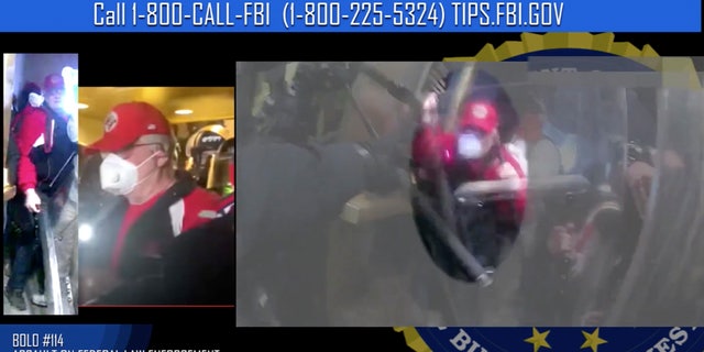 This image from FBI video is seeking information on a suspect in the violence at the U.S. Capitol on Jan. 6, 2021, in Washington. (FBI via AP)