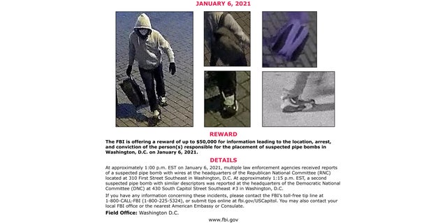 This image from an FBI poster seeking a suspect who allegedly placed pipe bombs in Washington on Jan. 6, 2021. (FBI via AP)