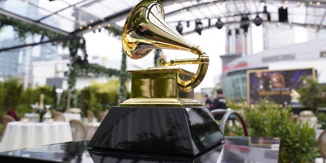 FILE - A decorative Grammy is seen before the start of the 63rd annual Grammy Awards at the Los Angeles Convention Center on Sunday, March 14, 2021.