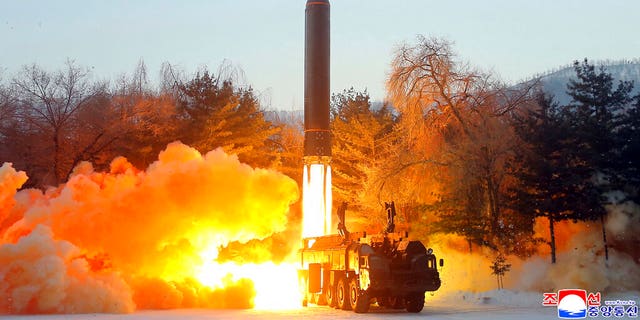 This photo provided by the North Korean government, shows what it says a test launch of a hypersonic missile in North Korea Wednesday, Jan. 5, 2022. Independent journalists were not given access to cover the event depicted in this image distributed by the North Korean government. The content of this image is as provided and cannot be independently verified. Korean language watermark on image as provided by source reads: 