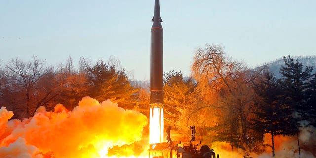 This photo provided by the North Korean government shows what it says is a test launch of a hypersonic missile in North Korea on Jan. 5, 2022. (Korean Central News Agency/Korea News Service via AP)