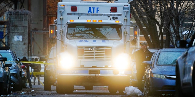 A response vehicle is parked near the scene of Wednesday's deadly fire in the Fairmount neighborhood of Philadelphia., Thursday, Jan. 6, 2022. (AP Photo/Matt Rourke)