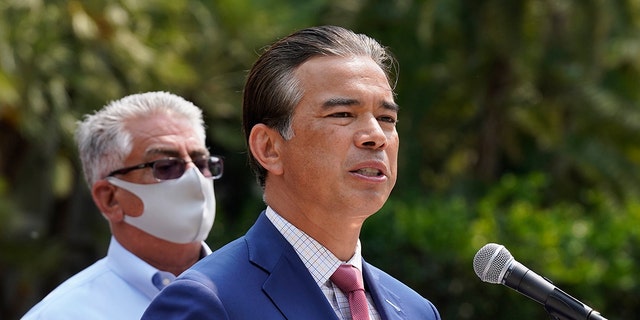 California Attorney General Rob Bonta speaks to reporters in Sacramento, Aug. 17, 2021. 