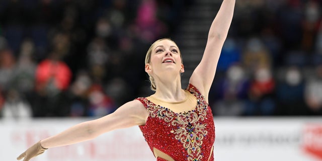 Gracie Gold competes in the women's free skate program during the U.S. Figure Skating Championships Friday, Jan. 7, 2022, in Nashville, Tenn. (AP Photo/Mark Zaleski)