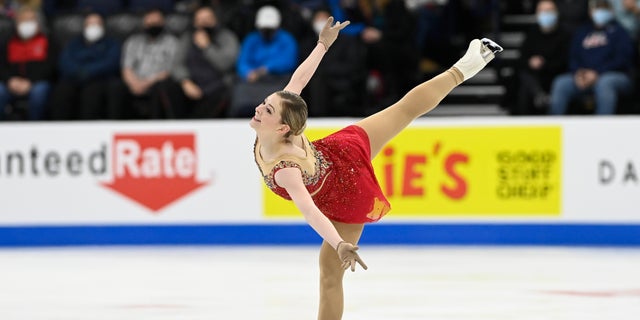 Gracie Gold competes in the women's free skate program during the U.S. Figure Skating Championships Friday, Jan. 7, 2022, in Nashville, Tenn. (AP Photo/Mark Zaleski)