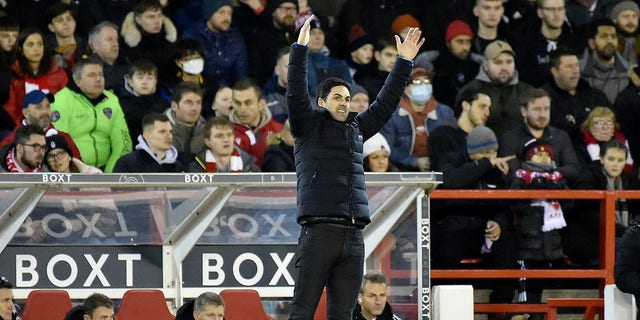 Arsenal's manager Mikel Arteta gestures during the English FA Cup third round soccer match between Nottingham Forest and Arsenal at the City Ground, Nottingham, England, Sunday, Jan. 9, 2022.