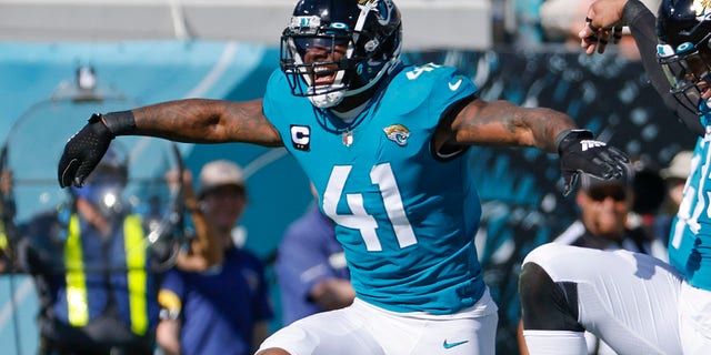 Jacksonville Jaguars outside linebacker Josh Allen (41) celebrates after sacking Indianapolis Colts quarterback Carson Wentz during the first half Sunday, Jan. 9, 2022, in Jacksonville, Fla.