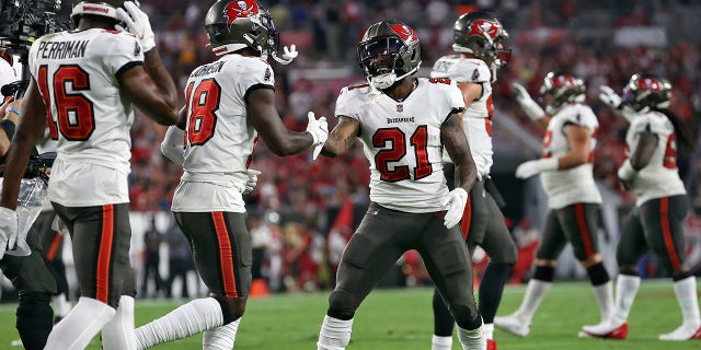 Tampa Bay Buccaneers running back Ke'Shawn Vaughn (21) celebrates his score against the Carolina Panthers with wide receiver Tyler Johnson (18) during the second half of an NFL football game Sunday, ene. 9, 2022, in Tampa, Fla.