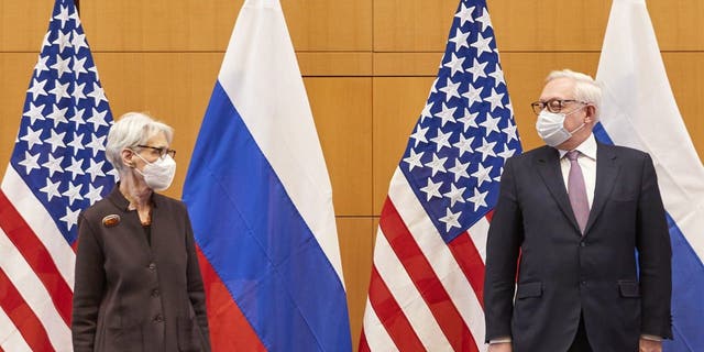 U.S. Deputy Secretary of State Wendy Sherman, left, and Russian deputy foreign minister Sergei Ryabkov attend security talks at the United States Mission in Geneva, Switzerland, Monday, Jan. 10, 2022. 