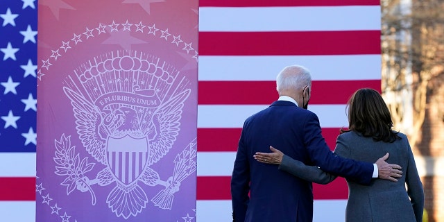 President Joe Biden and Vice President Kamala Harris walk offstage after speaking at Atlanta University Center Consortium, on the grounds of Morehouse College and Clark Atlanta University, Tuesday, Jan. 11, 2022, in Atlanta. 