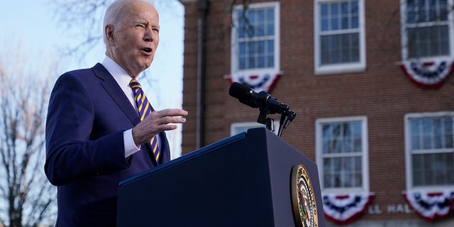 President Biden speaks in support of changing the Senate filibuster rules to ensure the right to vote is defended, at Atlanta University Center Consortium, on the grounds of Morehouse College and Clark Atlanta University, Tuesday, Jan. 11, 2022, in Atlanta. 