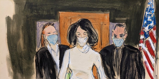 In this courtroom sketch, Ghislaine Maxwell enters the courtroom escorted by U.S. Marshalls at the start of her trial, Monday, Nov. 29, 2021, in New York (AP Photo/Elizabeth Williams, File)