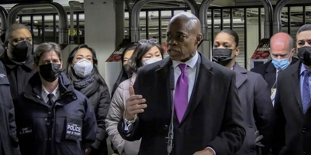 Mayor Eric Adams speaks at a news conference inside a subway station after a woman was pushed to her death in front of a subway train at the Times Square station, Saturday, Jan. 15, 2022, in New York. 