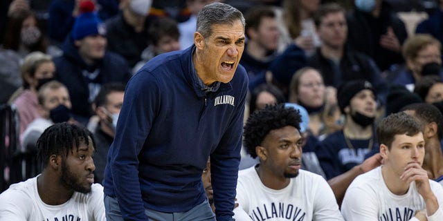Villanova head coach Jay Wright yells during the first half of a game against Butler on January 16, 2022 in Philadelphia.