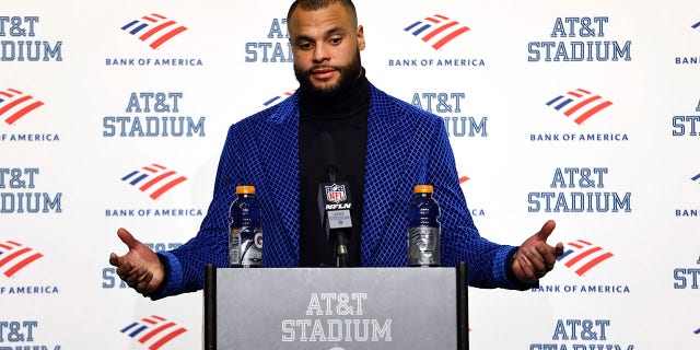 Dallas Cowboys quarterback Dak Prescott speaks during a news conference following an NFL wild-card playoff football game against the San Francisco 49ers in Arlington, Texas, Sunday, Jan. 16, 2022.