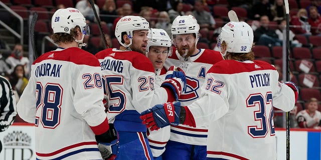 Montreal Canadiens' Christian Dvorak (28), Ryan Poehling (25), Jonathan Drouin (92), Jeff Petry (26), and Rem Pitlick (32) celebrate Poehling's goal during the second period of an NHL hockey game against the Arizona Coyotes, Monday, Jan. 17, 2022, in Glendale, Ariz.