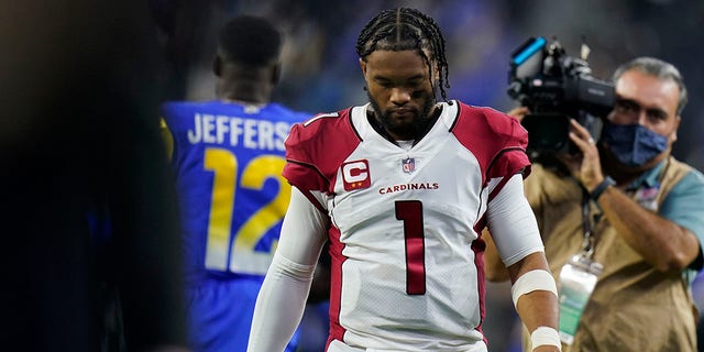 Arizona Cardinals quarterback Kyler Murray, #1, walks off the field after the Los Angeles Rams defeated the Cardinals in an NFL wild-card playoff football game in Inglewood, Calif., Monday, January 17, 2022.