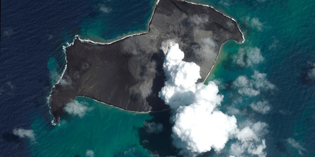 This satellite image provided by Maxar Technologies shows an overview of Hunga Tonga-Hunga Ha'apai volcano in Tonga Jan. 6, 2022, before a huge undersea volcanic eruption. (Satellite image ©2022 Maxar Technologies via AP, File)