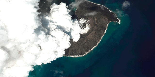 A satellite image of Hunga Tonga Hunga Ha'apai volcano 