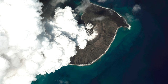 A satellite image of Hunga Tonga Hunga Ha'apai volcano 