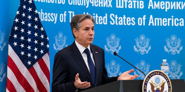 United States Secretary of State Antony Blinken speaks as he greets embassy staff at the U.S. embassy, in Kyiv, Ukraine, Wednesday, Jan. 19, 2022. (AP Photo/Alex Brandon, Pool)