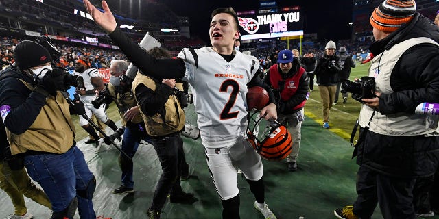 Cincinnati Bengals kicker Evan McPherson celebrates his game-winning field goal against the Titans Saturday, Jan. 22, 2022, in Nashville, Tennessee.