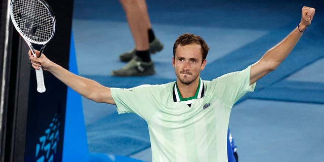 Daniil Medvedev of Russia celebrates after defeating Felix Auger-Aliassime of Canada at the Australian Open tennis championships in Melbourne on Jan. 27, 2022.