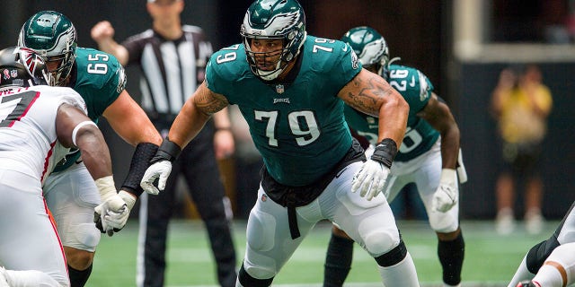 FILE - Philadelphia Eagles offensive guard Brandon Brooks (79) looks to block during the first half of an NFL football game against the Atlanta Falcons, on Sept. 12, 2021, in Atlanta. Brooks announced his retirement Wednesday, Jan. 26, 2022, after 10 seasons in the NFL.