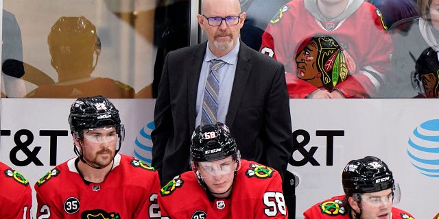 EXPEDIENTE - Chicago Blackhawks interim head coach Derek King and players watch during the third period of an NHL hockey game against the Anaheim Ducks, en, ene. 15, 2022, en Chicago. The Blackhawks are taking an unusual approach to their search for their next general manager and plan to make a decision before the NHL trade deadline in March. Blackhawks CEO Danny Wirtz says the interview process will include candidates "both inside and outside of hockey."