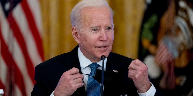 President Biden speaks during a meeting in the East Room of the White House Jan. 24, 2022.