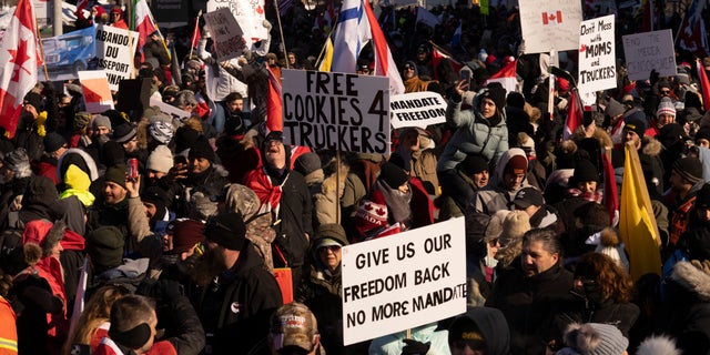 Protesters participating in a cross-country truck convoy protesting measures taken by authorities to curb the spread of COVID-19 and vaccine mandates gather near Parliament Hill in Ottawa on Saturday, Jan. 29, 2022. (Adrian Wyld/The Canadian Press via AP)