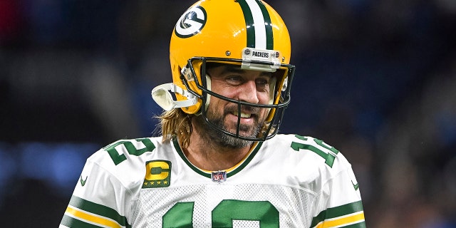 Aaron Rodgers of the Green Bay Packers looks on before the game against the Detroit Lions at Ford Field on Jan. 9, 2022, in Detroit, Michigan.