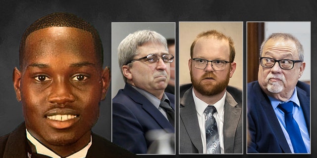 A composite photo of Ahmaud Arbery and his three convicted killers: William "Roddie" Bryan, Travis McMichael and Greg McMichael.