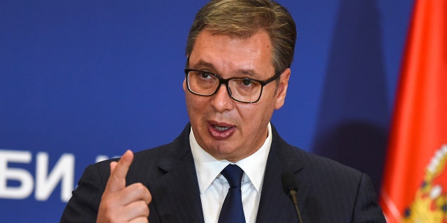 Serbian President Aleksandar Vucic speaks during a news conference in Belgrade, Serbia, Sept. 13, 2021.