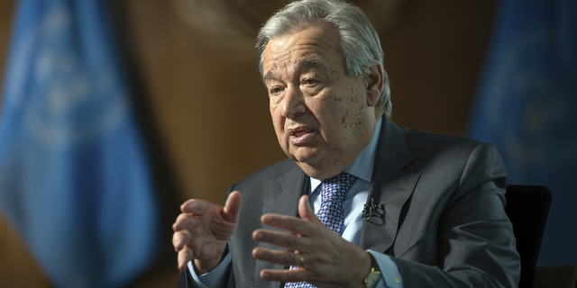 United Nations Secretary-General Antonio Guterres speaking during an interview at the UN headquarters in New York City.