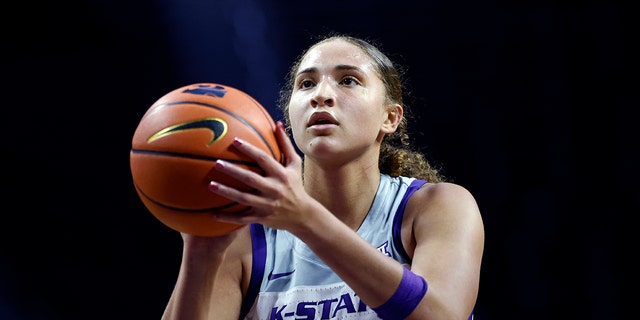 FILE - Kansas State center Ayoka Lee during an NCAA basketball game on Saturday, Dec. 18, 2021, in Manhattan, Kan. Lee broke the NCAA women’s single-game scoring record for Division I with 61 points to help Kansas State romp to a 94-65 victory over No. 14 Oklahoma on Sunday, Jan. 23, 2022.