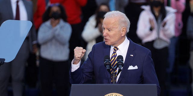 Amerikaanse. President Joe Biden delivers remarks on the grounds of Morehouse College and Clark Atlanta University in Atlanta, Georgië, VS, Januarie 11, 2022.