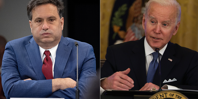 Former Biden chief of staff Ron Klain (left) resigned in February after serving under President Joe Biden (right).
