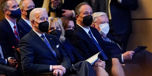 President Joe Biden, first lady Jill Biden, Vice President Kamala Harris and her husband Doug Emhoff attend a memorial service for former Senate Majority Leader Harry Reid at the Smith Center in Las Vegas, Saturday, Jan. 8, 2022. 