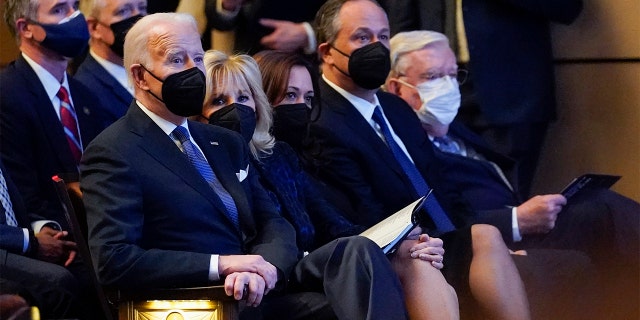 President Joe Biden, first lady Jill Biden, Vice President Kamala Harris and her husband Doug Emhoff attend a memorial service for former Senate Majority Leader Harry Reid at the Smith Center in Las Vegas, Saturday, Jan. 8, 2022. (AP Photo/Susan Walsh)