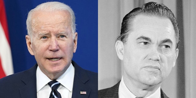 President Biden, left, and Ex-Alabama Gov. George Wallace, both Democrats, are shown in this composite photo. (Marion S. Trikosko/PhotoQuest/Getty Images)
