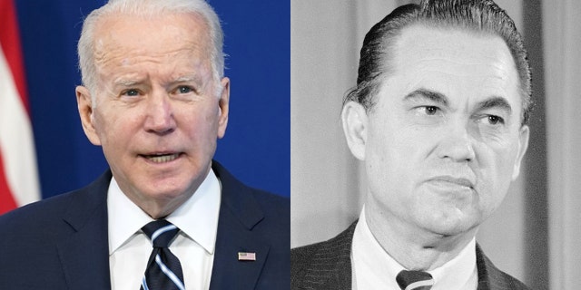 President Biden, left, and Ex-Alabama Gov. George Wallace, both Democrats, are shown in this composite photo. (Marion S. Trikosko/PhotoQuest/Getty Images)