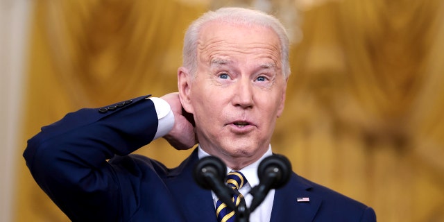 U.S. President Joe Biden speaks during a news conference in the East Room of the White House in Washington, D.C., U.S., on Wednesday, Jan. 19, 2022. Photographer: Oliver Contreras/Sipa/Bloomberg via Getty Images