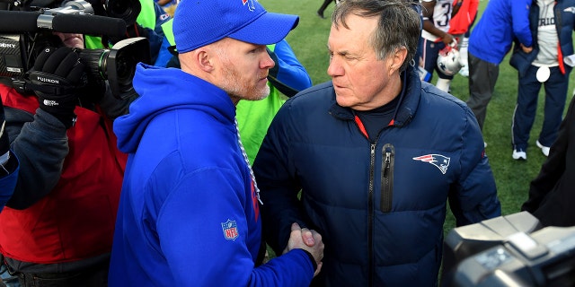 FILE - Buffalo Bills head coach Sean McDermott, left, talks to New England Patriots head coach Bill Belichick after an NFL football game, Sunday, Dec. 3, 2017, in Orchard Park, N.Y.
