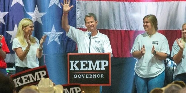 Republican Gov. Brian Kemp officially kicks off his 2022 re-election campaign in Perry, Georgia on July 10, 2021.
